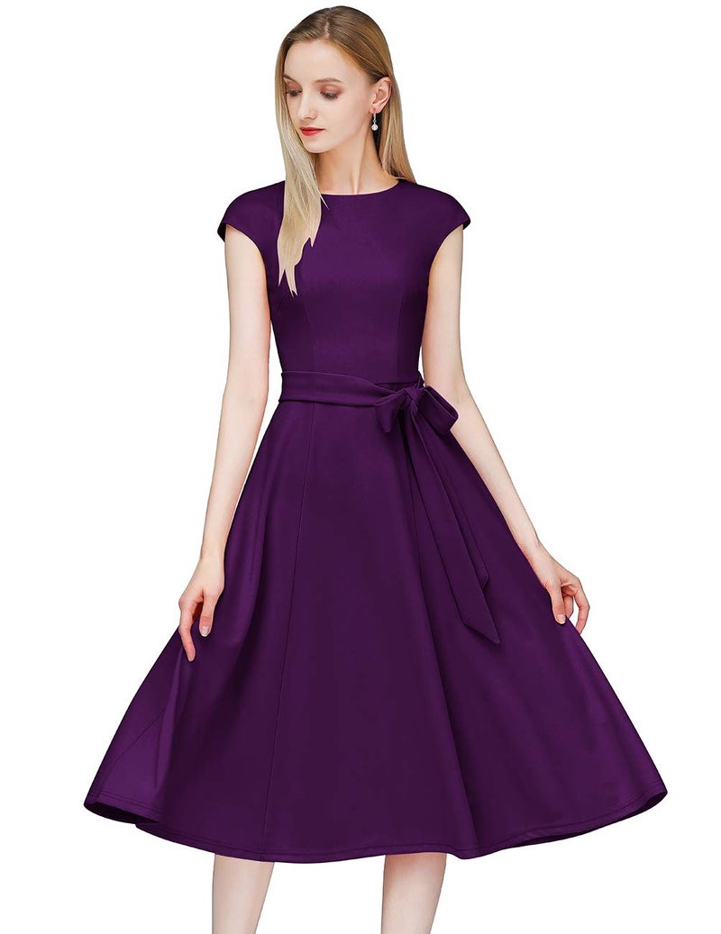 DRESSTELLS Cocktail Womens Dresses for Wedding Guest, Semi Formal Modest Easter Tea Party Ladies Fit and Flare Retro Midi Dress Grape Purple L - Image 2